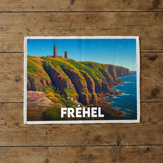 Torchon souvenir de la ville de Fréhel avec une illustration stylisée de ses falaises et de son phare.