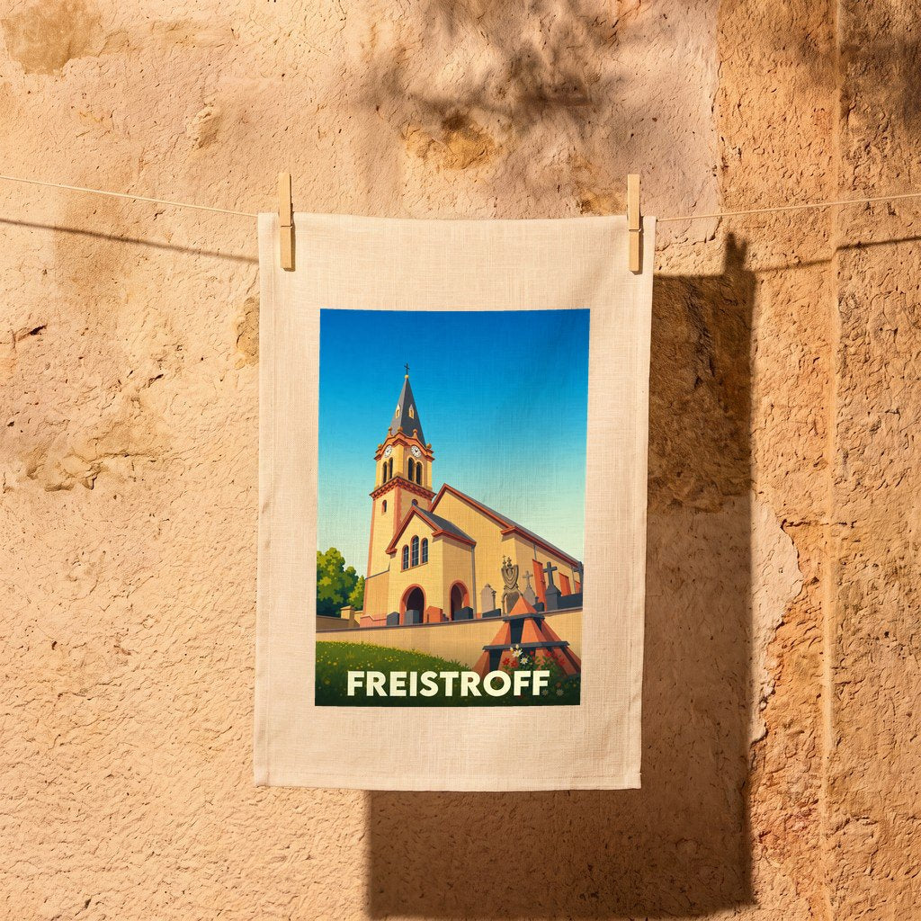 Torchon souvenir de la ville de Freistroff avec une illustration stylisée de son église.