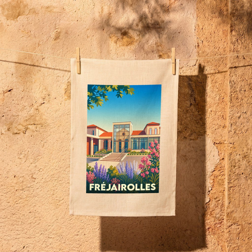 Torchon souvenir de la ville de Fréjairolles illustré par un dessin coloré et stylisé de la mairie.