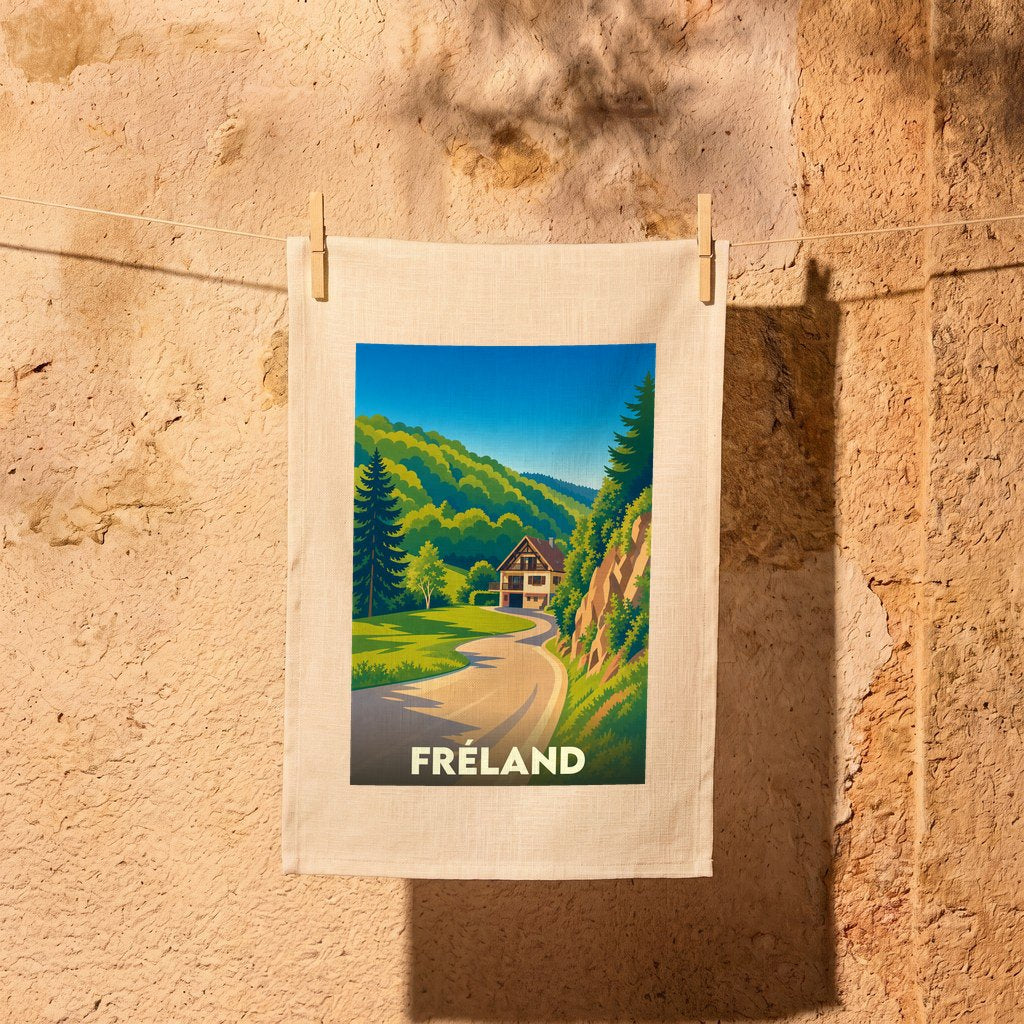 Torchon souvenir de la ville de Fréland avec une illustration stylisée d'un paysage de montagne et d'un chalet.