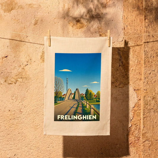 Torchon souvenir de la ville de Frelinghien illustrant son pont dans un style graphique épuré.