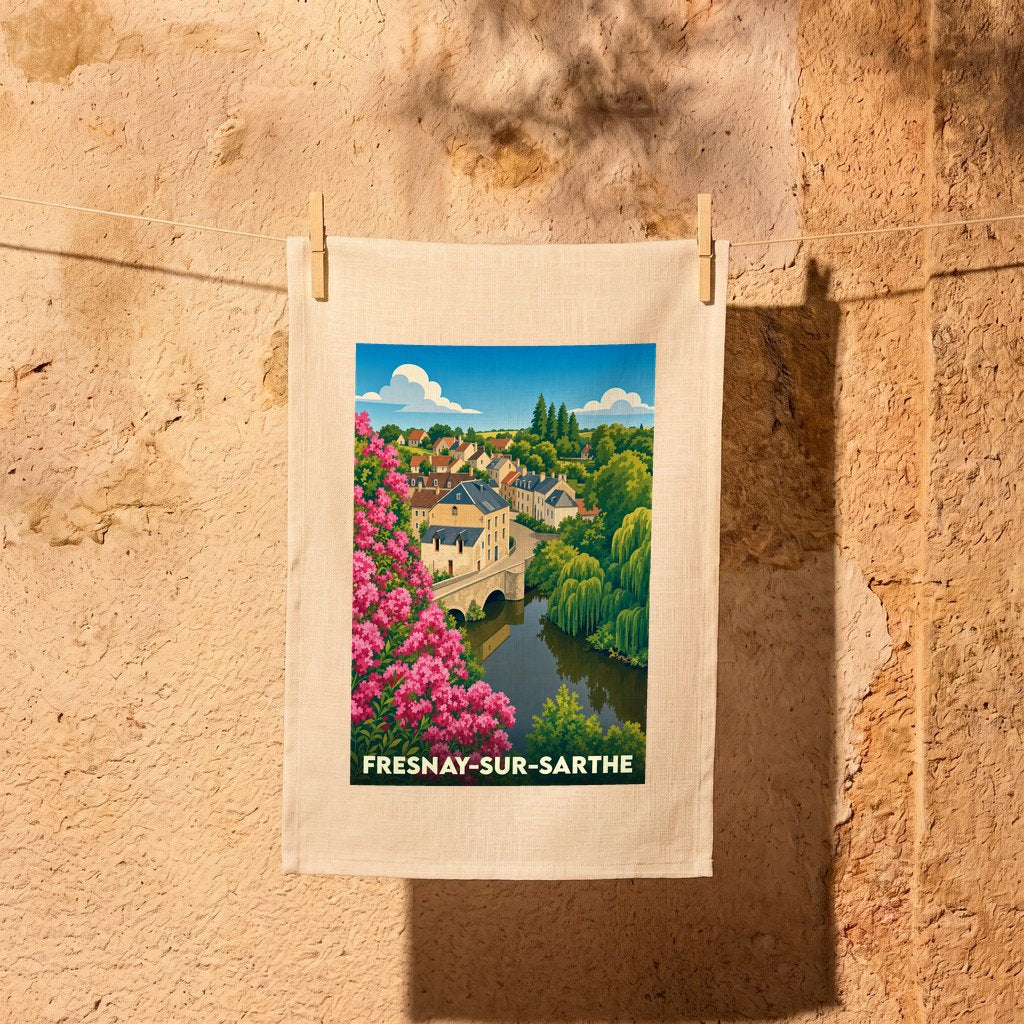 Torchon souvenir de la ville de Fresnay-sur-Sarthe avec une illustration stylisée.