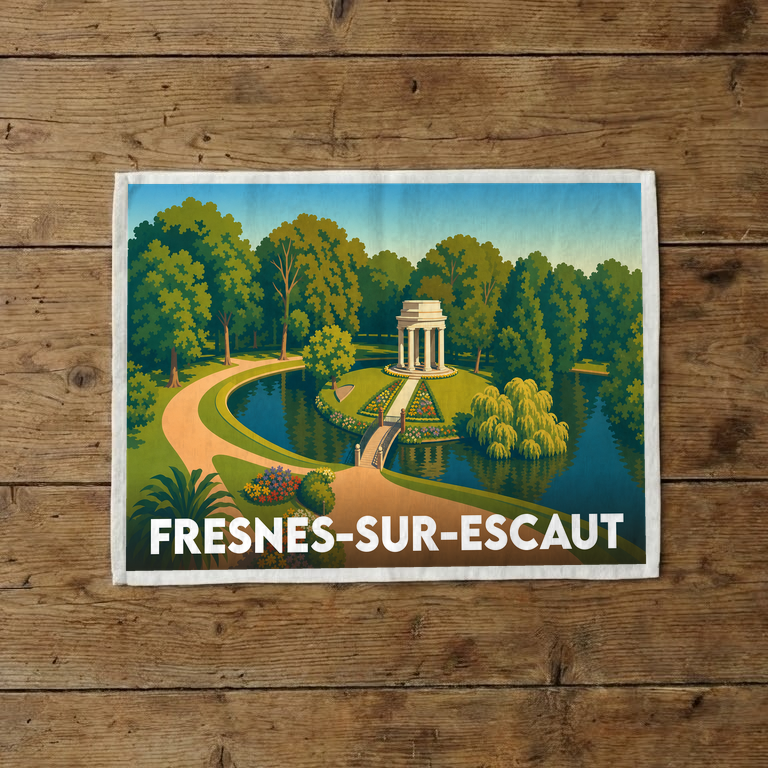 Torchon souvenir de la ville de Fresnes-sur-Escaut illustré par un parc paysager avec un kiosque à colonnes.