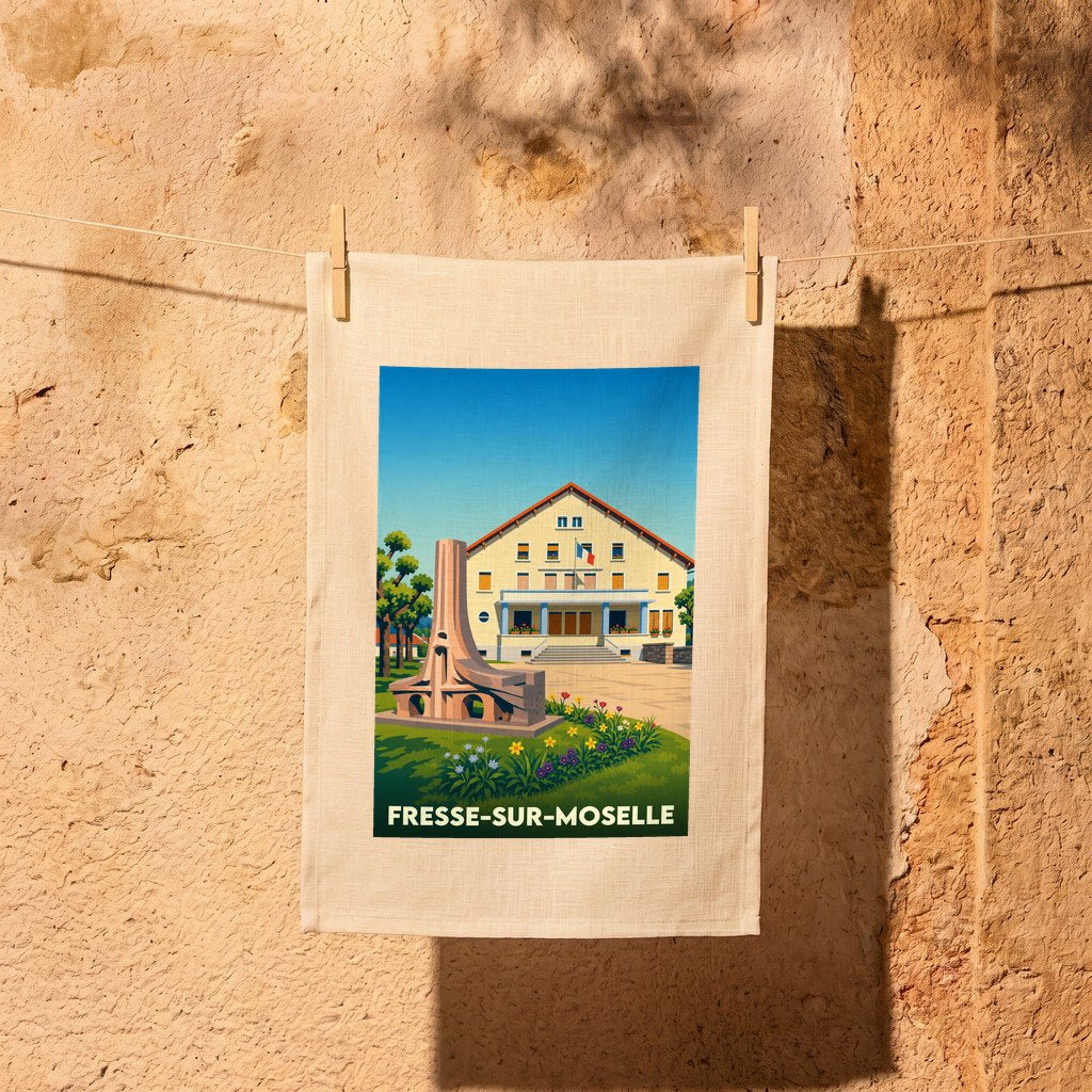 Torchon souvenir de la ville de Fresse-sur-Moselle avec une illustration colorée et stylisée de sa mairie et d'un monument local.