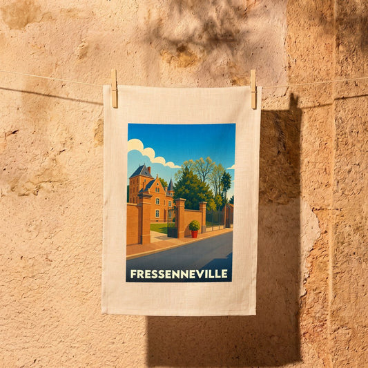 Torchon souvenir de la ville de Fressenneville avec une illustration stylisée d'un château.