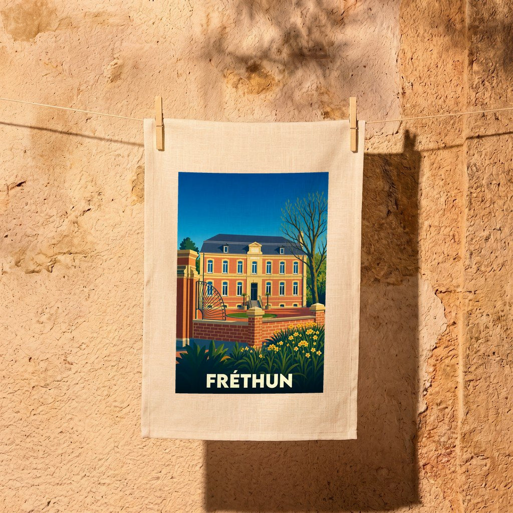 Torchon souvenir de la ville de Fréthun avec une illustration stylisée.