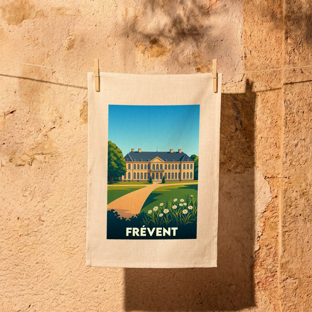 Torchon souvenir de la ville de Frévent orné d'une illustration stylisée de son château.
