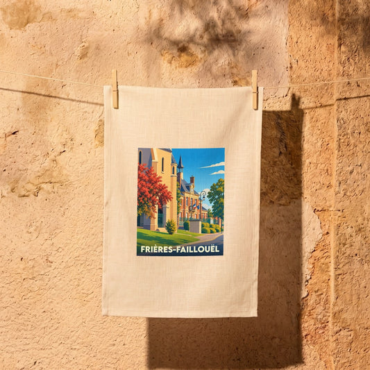 Torchon souvenir de la ville de Frières-Faillouël avec une illustration stylisée.