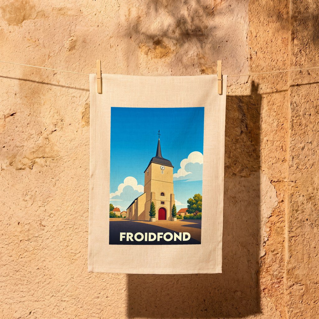Torchon souvenir de la ville de Froidfond avec une illustration stylisée de son église.