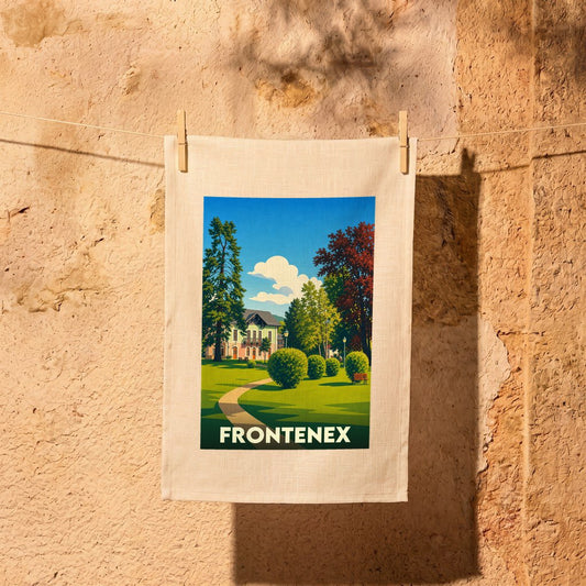 Torchon souvenir de la ville de Frontenex orné d'une illustration stylisée de son paysage urbain et verdoyant.