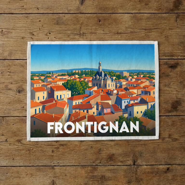Torchon souvenir de la ville de Frontignan avec une illustration stylisée de ses toits colorés.