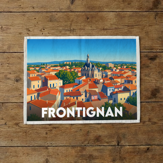 Torchon souvenir de la ville de Frontignan avec une illustration stylisée de ses toits colorés.