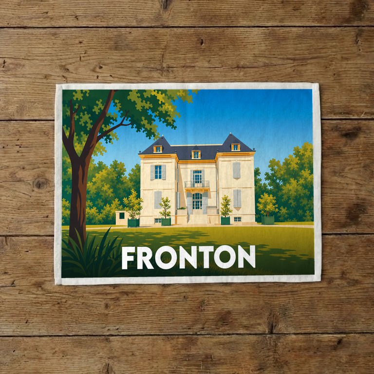 Torchon souvenir de la ville de Fronton orné d'une illustration stylisée représentant une demeure de maître.