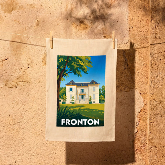 Torchon souvenir de la ville de Fronton orné d'une illustration stylisée représentant une demeure de maître.