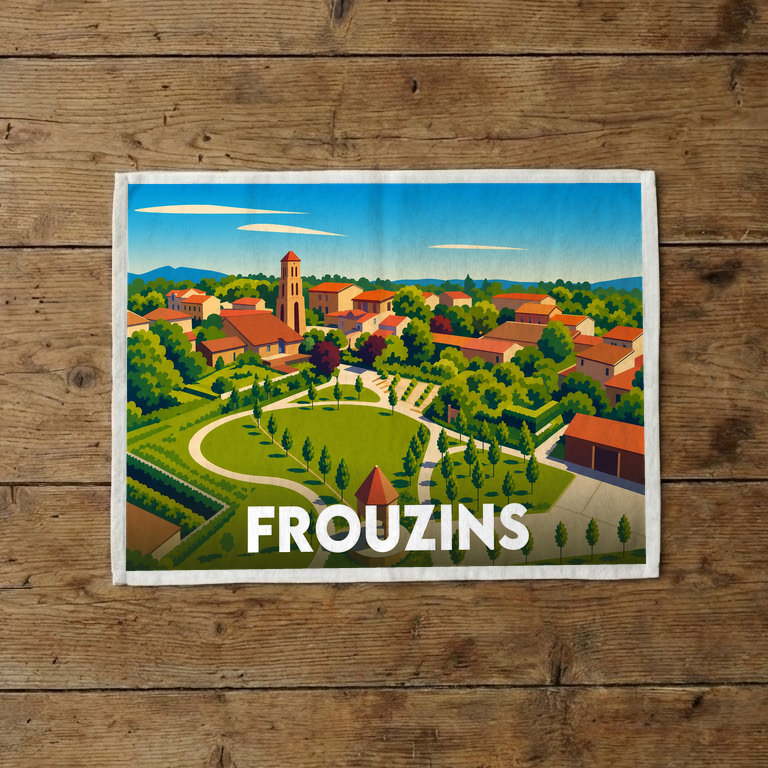 Torchon souvenir de la ville de Frouzins illustré par une vue panoramique stylisée et colorée.