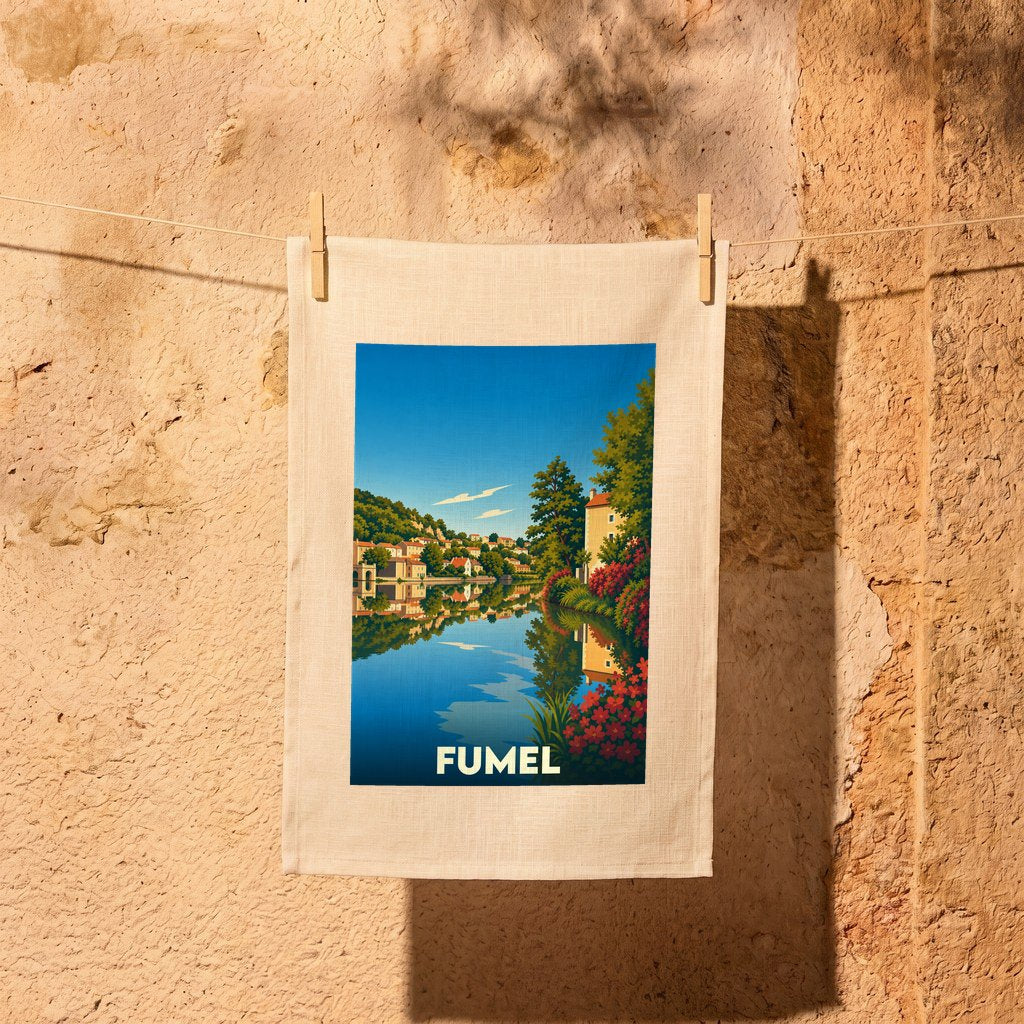 Torchon souvenir de la ville de Fumel orné d'une illustration stylisée de ses bords de rivière.