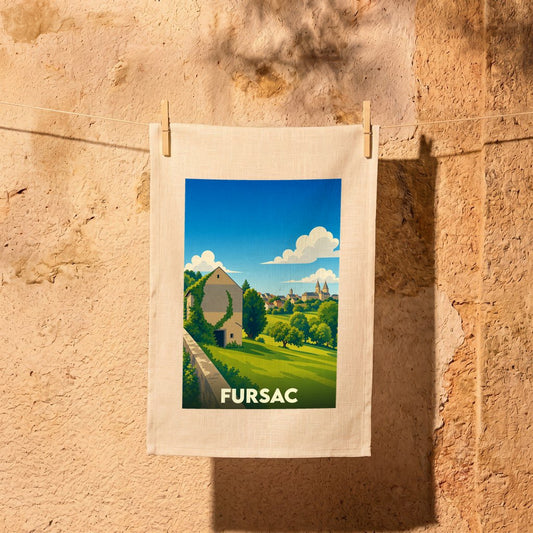 Torchon souvenir de la ville de Fursac orné d'une illustration paysagère stylisée.