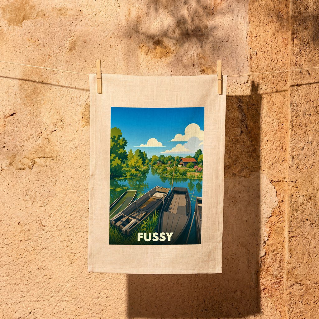Torchon souvenir de la ville de Fussy avec une illustration stylisée de barques sur un canal.