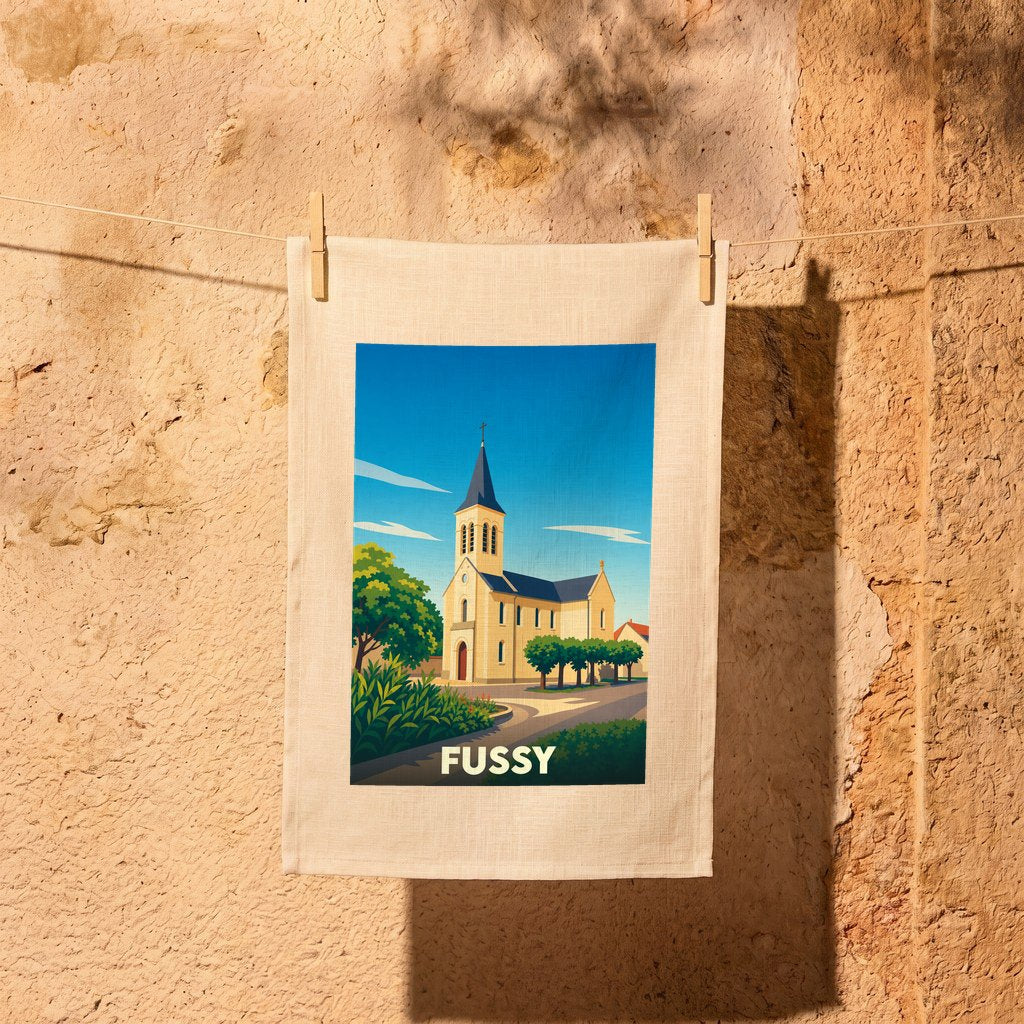Torchon souvenir de la ville de Fussy avec une illustration stylisée de son église.