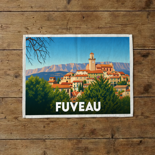 Torchon souvenir de la ville de Fuveau avec une illustration stylisée.