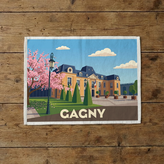 Torchon souvenir de la ville de Gagny avec une illustration stylisée de l'hôtel de ville.