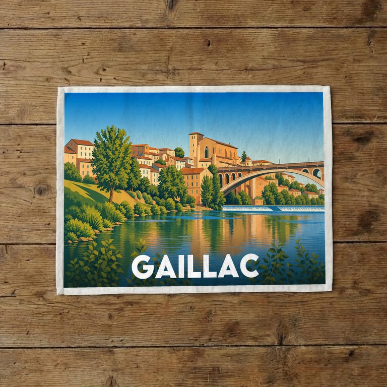 Torchon souvenir de la ville de Gaillac avec une illustration stylisée de son architecture en bord de fleuve.