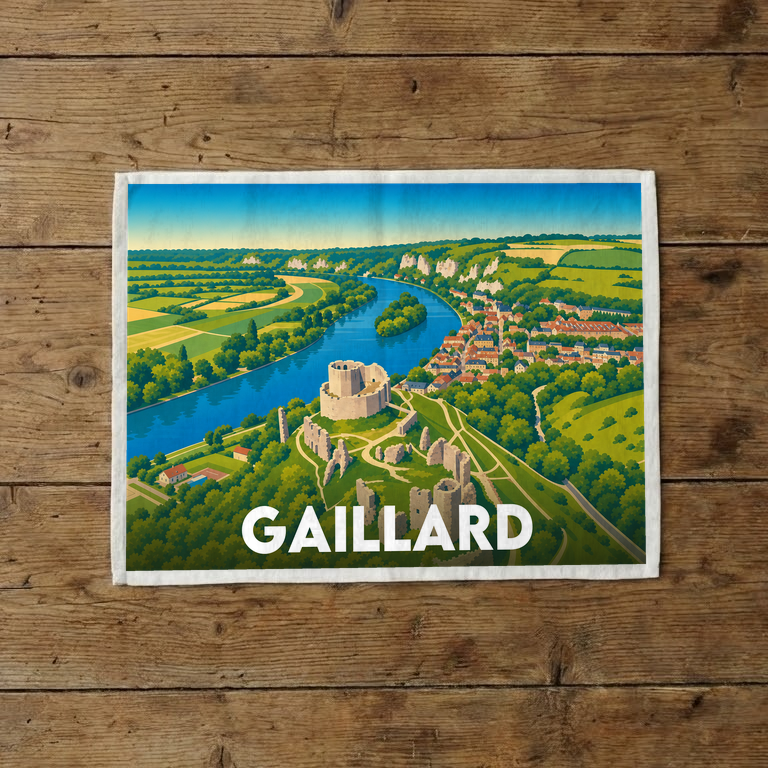 Torchon souvenir de la ville de Gaillard avec une illustration stylisée de son château et du paysage environnant.