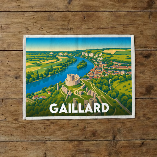Torchon souvenir de la ville de Gaillard avec une illustration stylisée de son château et du paysage environnant.