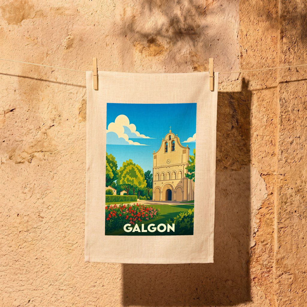 Torchon souvenir de la ville de Galgon illustré d'un dessin stylisé de son église romane.