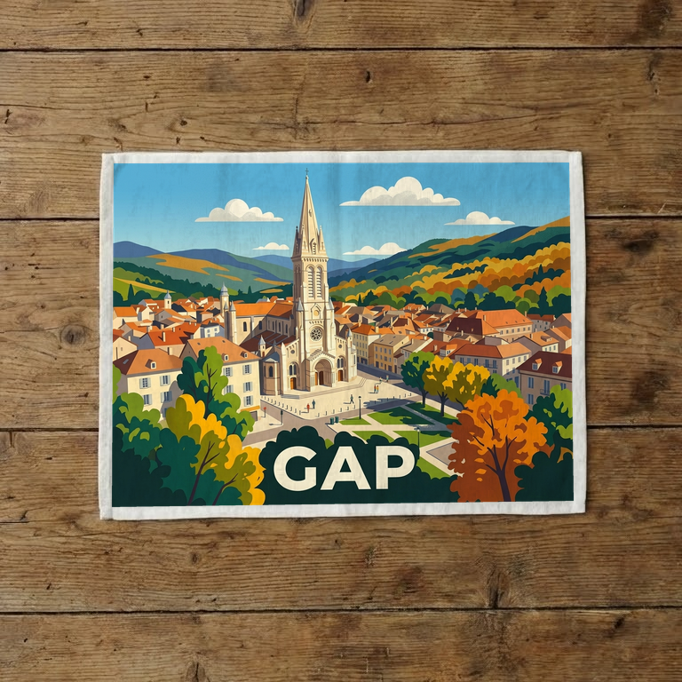 Torchon souvenir de la ville de Gap avec une illustration stylisée de sa cathédrale et des montagnes environnantes.