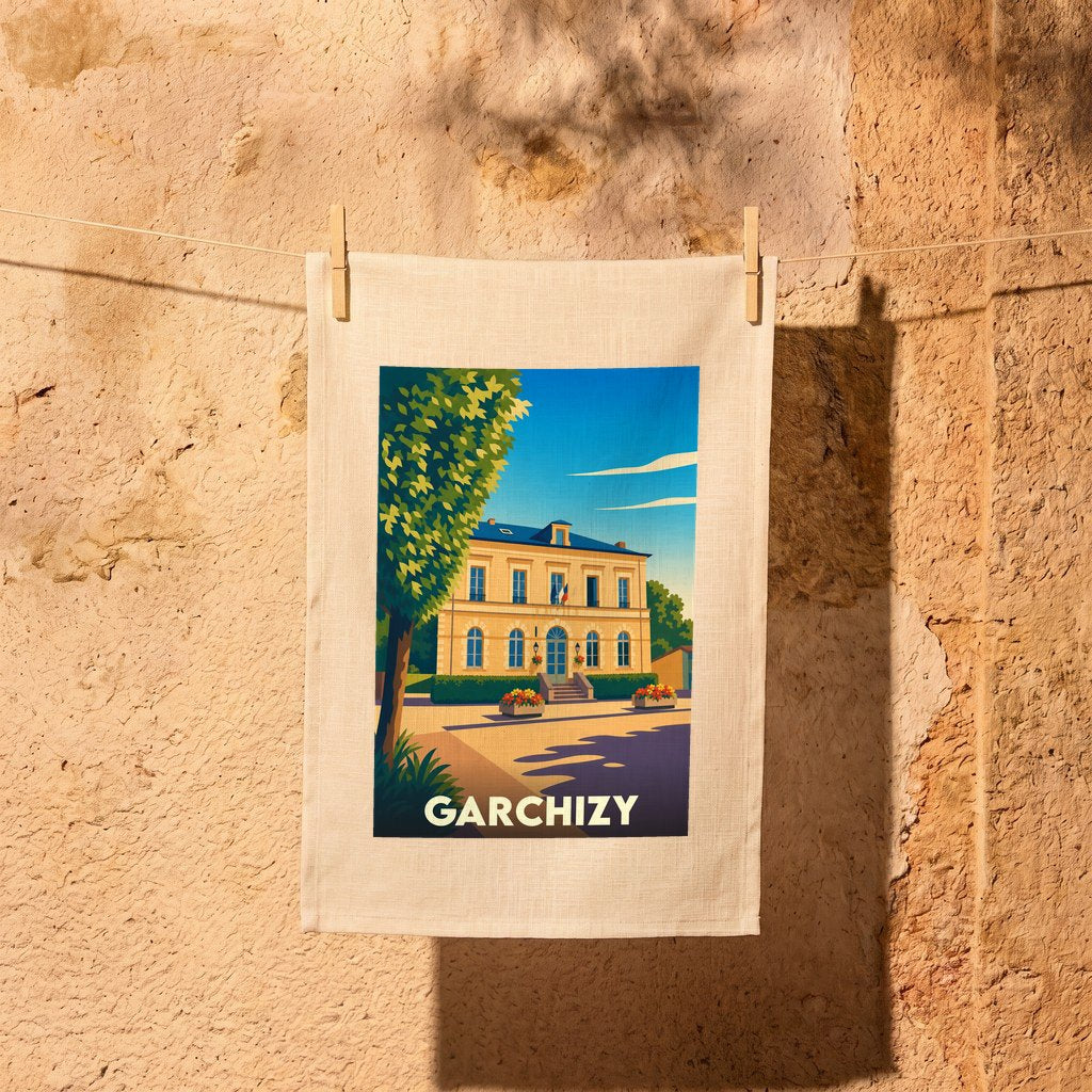 Torchon souvenir de la ville de Garchizy avec une illustration stylisée.