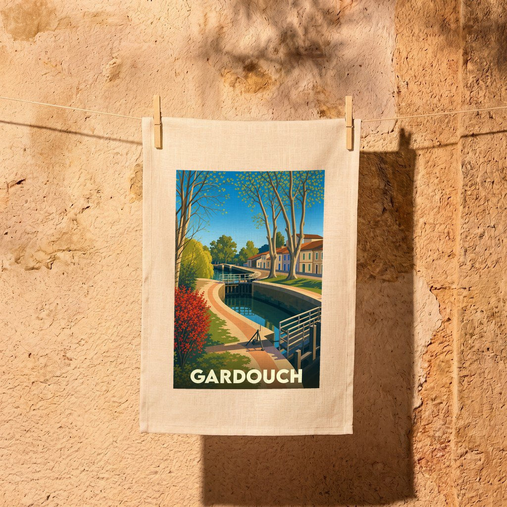 Torchon souvenir de la ville de Gardouch illustré d'une vue stylisée du canal et de ses écluses.