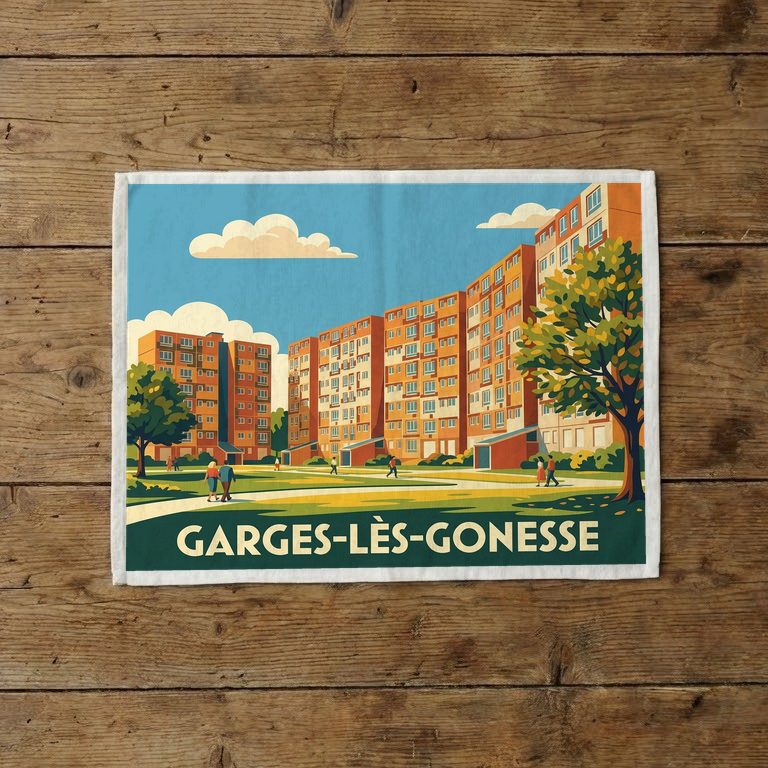 Torchon souvenir de la ville de Garges-lès-Gonesse avec une illustration stylisée de son paysage urbain.