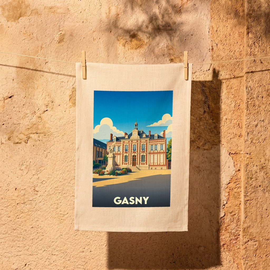 Torchon souvenir de la ville de Gasny avec une illustration stylisée de son hôtel de ville.