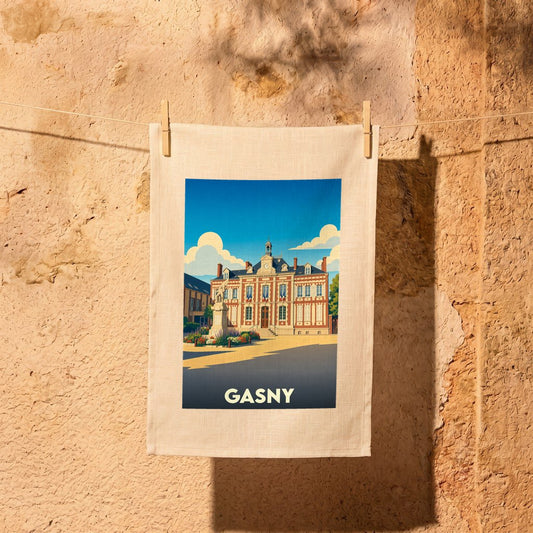 Torchon souvenir de la ville de Gasny avec une illustration stylisée de son hôtel de ville.