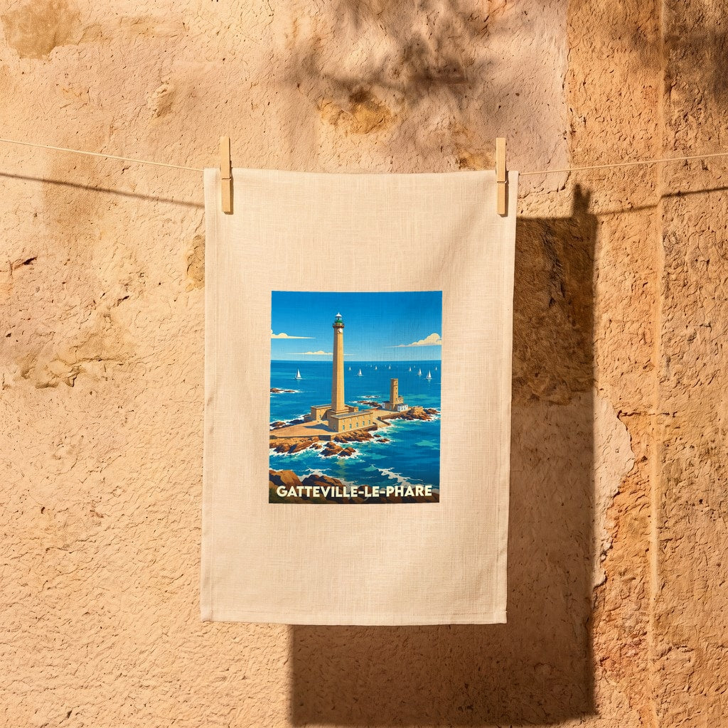 Torchon souvenir de la ville de Gatteville-le-Phare avec une illustration stylisée de son phare.