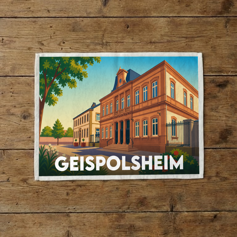 Torchon souvenir de la ville de Geispolsheim avec une illustration stylisée.