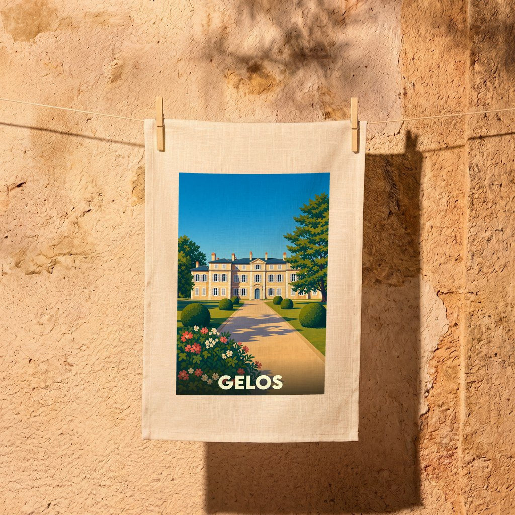 Torchon souvenir de la ville de Gelos avec une illustration stylisée représentant un château et ses jardins.