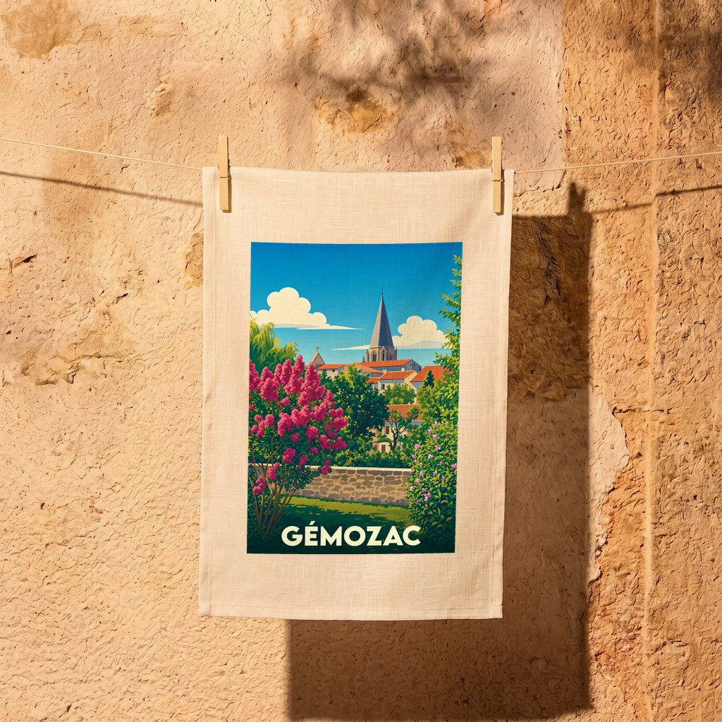 Torchon souvenir de la ville de Gémozac avec une illustration stylisée.
