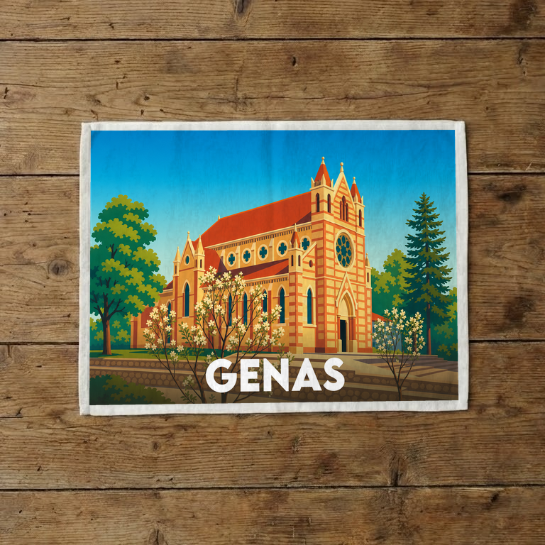 Torchon souvenir de la ville de Genas avec une illustration stylisée de son église.