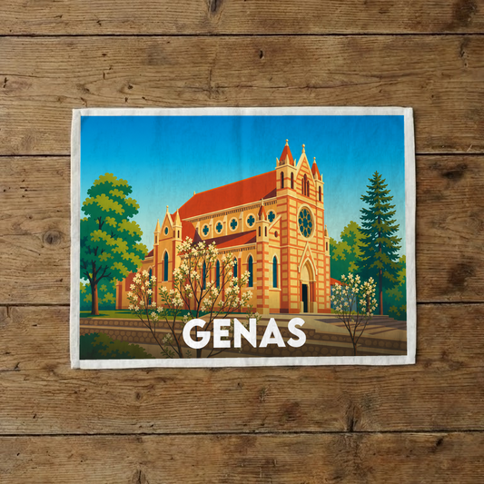 Torchon souvenir de la ville de Genas avec une illustration stylisée de son église.
