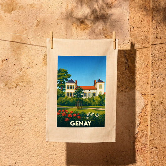 Torchon souvenir de la ville de Genay avec une illustration stylisée d'une grande demeure et son jardin.