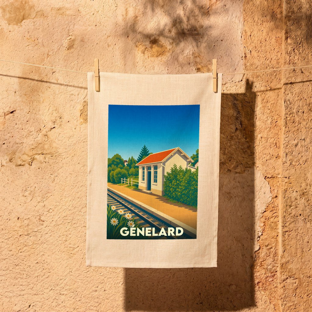Torchon souvenir de la ville de Génelard avec une illustration stylisée d'une gare sous un ciel bleu.