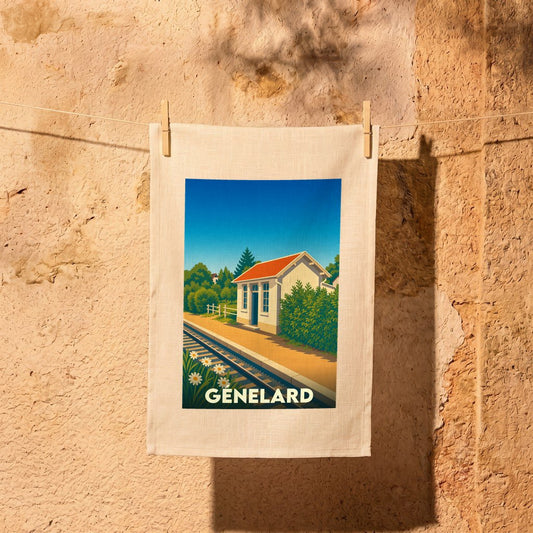Torchon souvenir de la ville de Génelard avec une illustration stylisée d'une gare sous un ciel bleu.