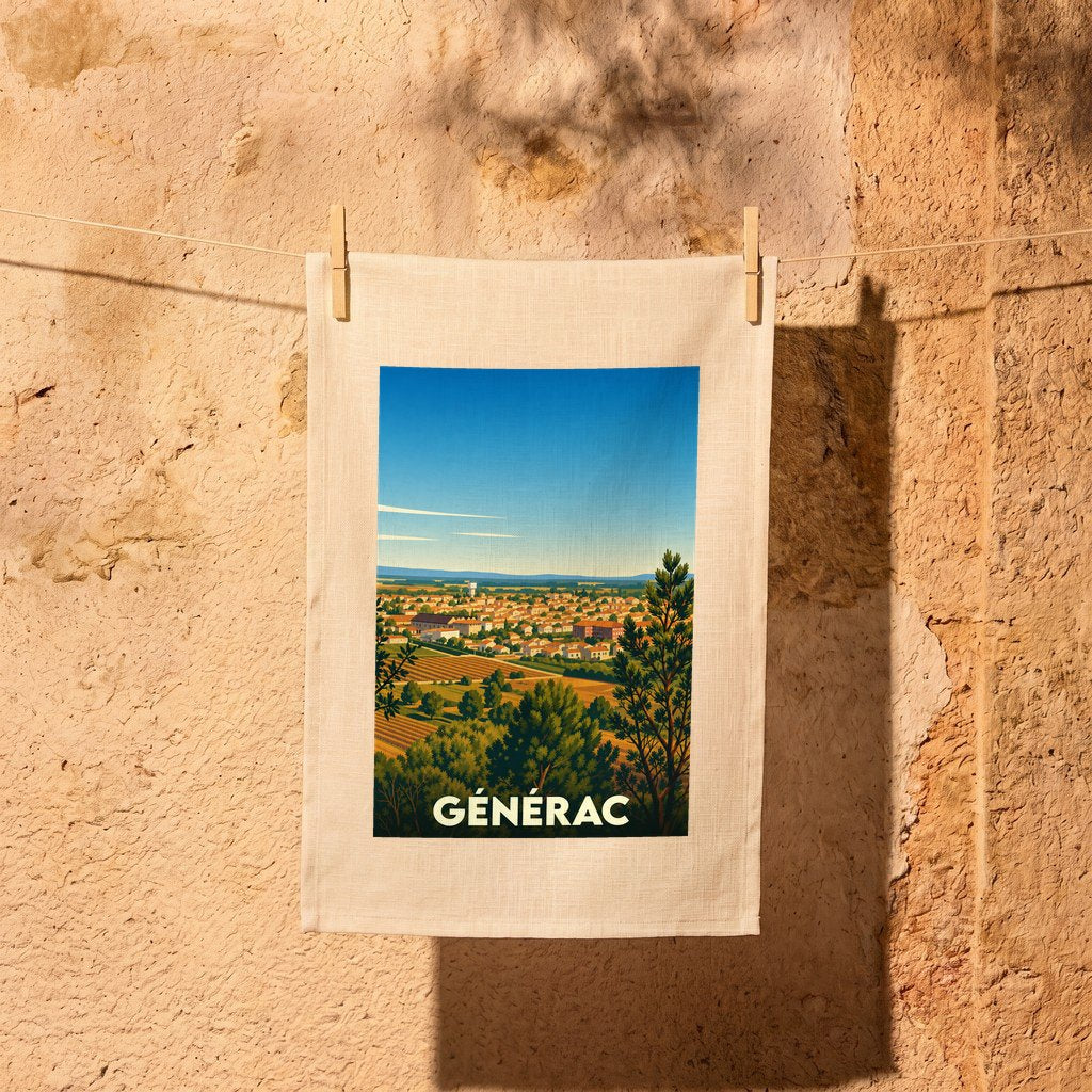 Torchon souvenir de la ville de Générac orné d'une illustration paysagère stylisée.