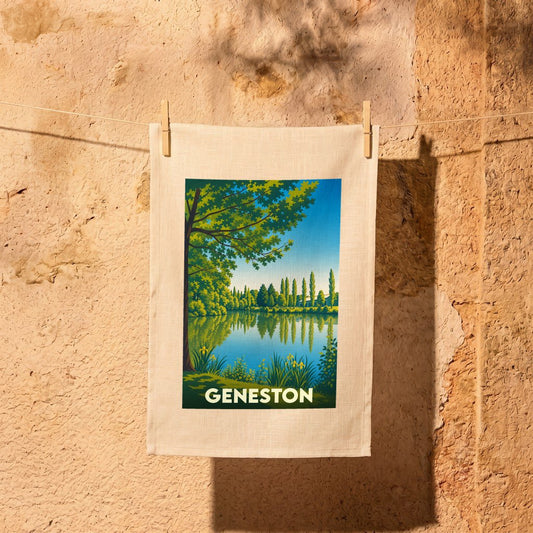 Torchon souvenir de la ville de Geneston avec une illustration paysagère stylisée.