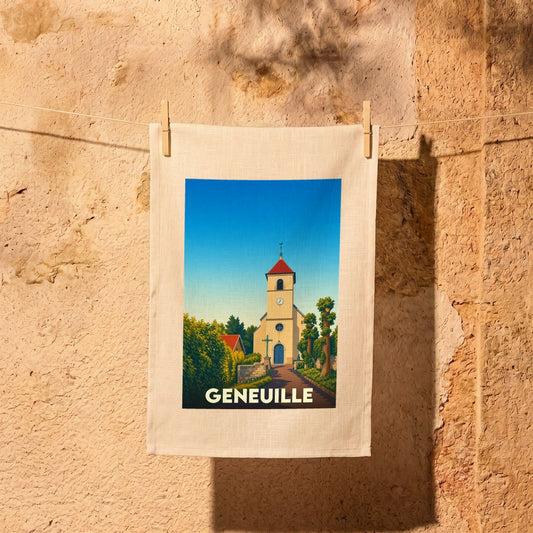 Torchon souvenir de la ville de Geneuille avec une illustration stylisée de son église.