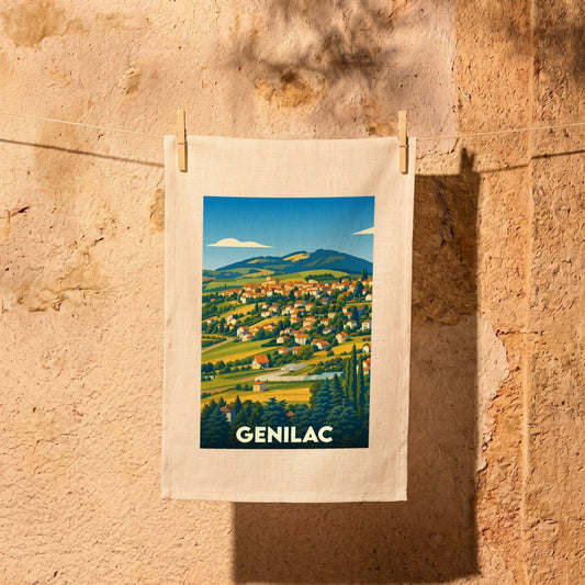 Torchon souvenir de la ville de Genilac avec une illustration stylisée de son paysage vallonné.