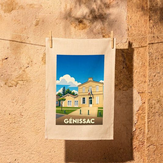 Torchon souvenir de la ville de Génissac orné d'une illustration stylisée de sa mairie.