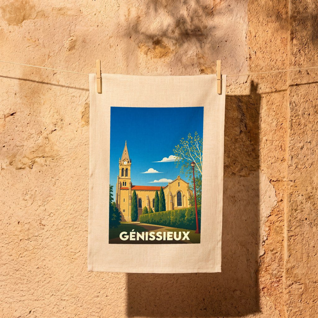 Torchon souvenir de la ville de Génissieux avec une illustration stylisée de son église.